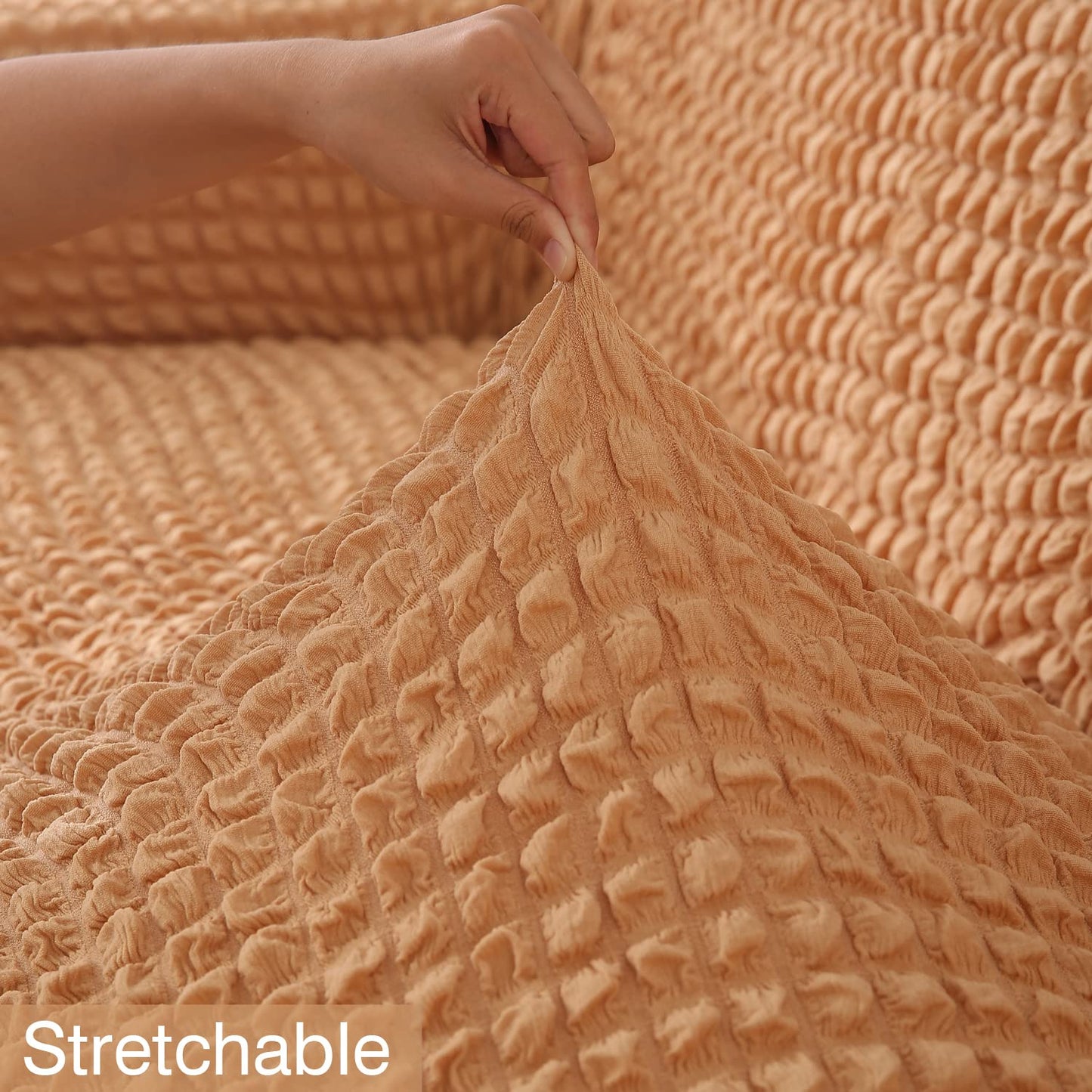 Elastic Stretchable 280 GSM Bubble Sofa Cover with Frill, Light Brown