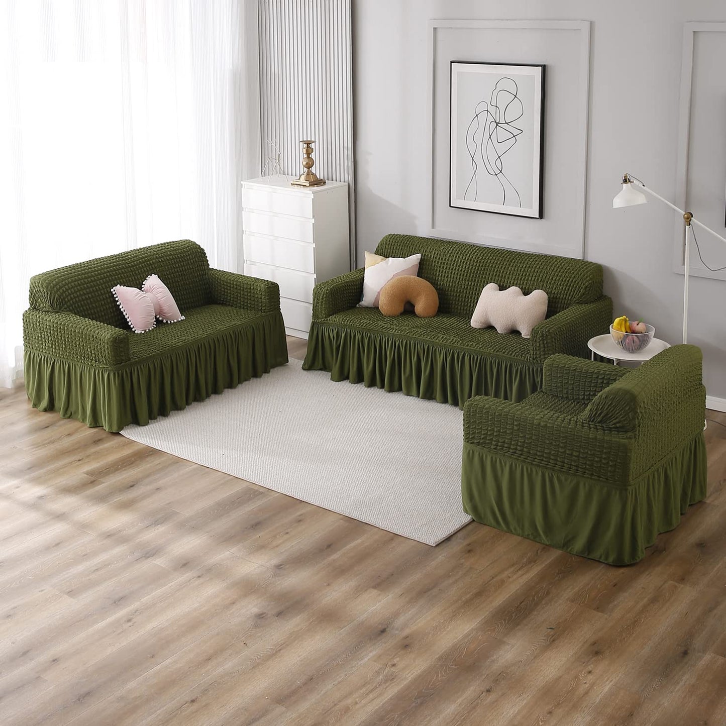 Elastic Stretchable Bubble 280 GSM Sofa Cover with Frill, Forest Green
