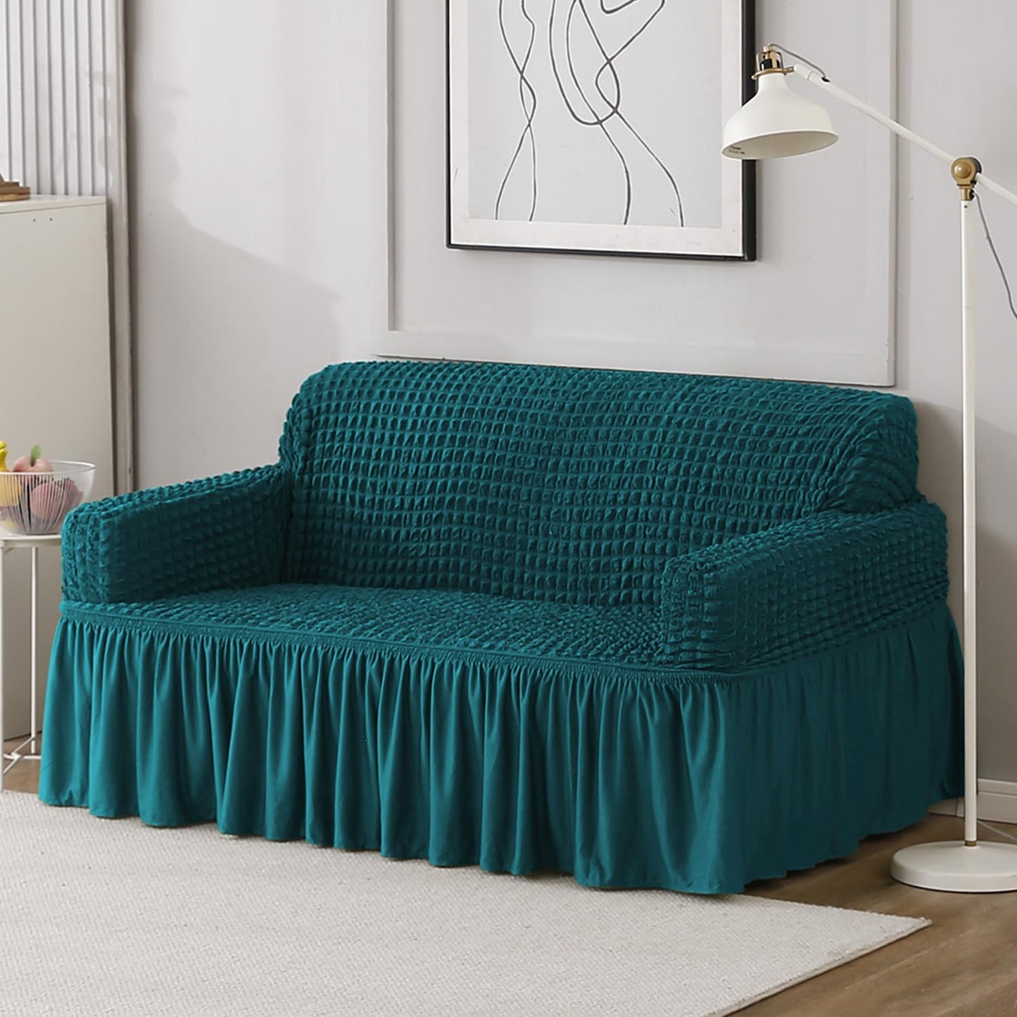 Elastic Stretchable Bubble Sofa Cover with Frill, Teal