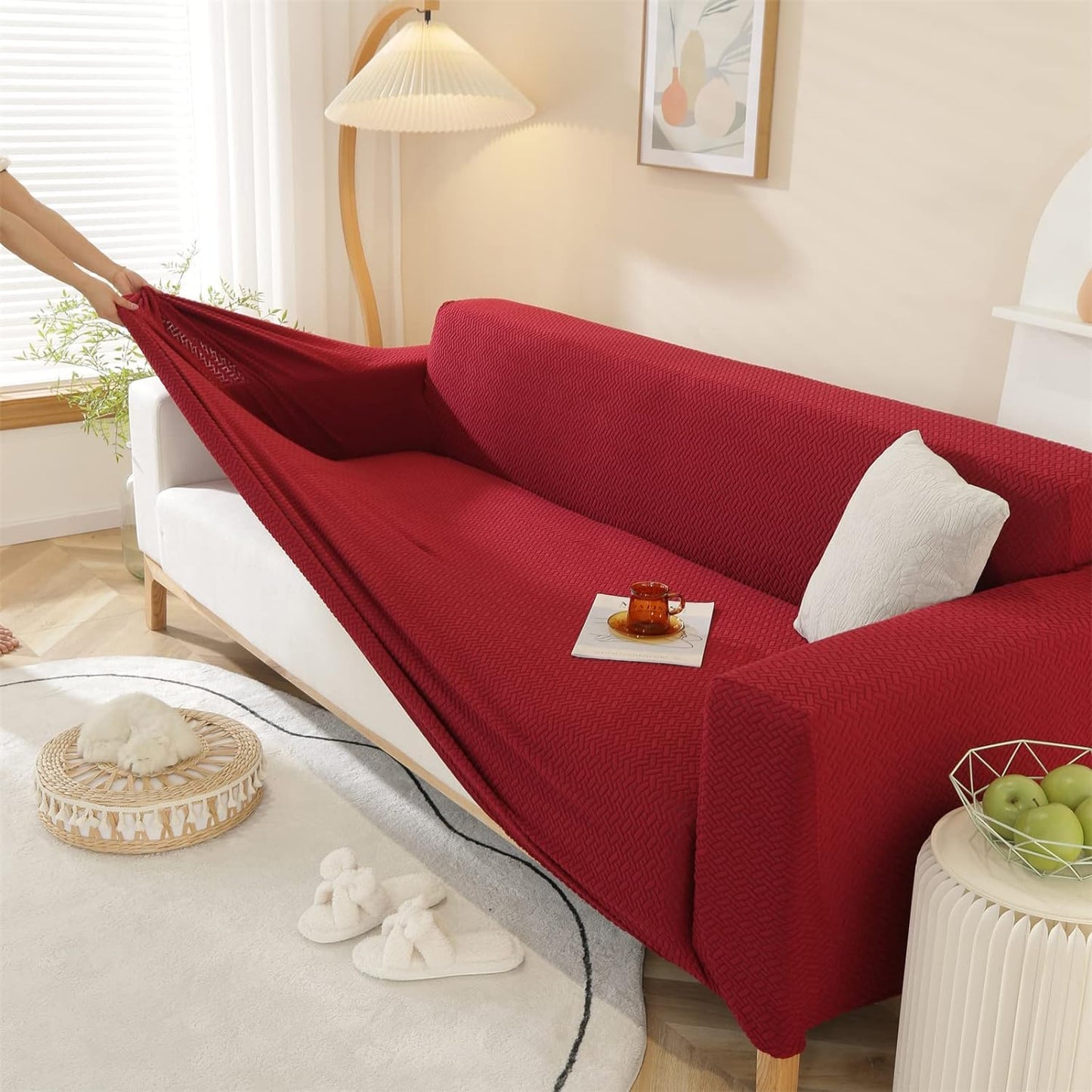 2026 L Shape Polar Fleece Sofa Cover : Maroon