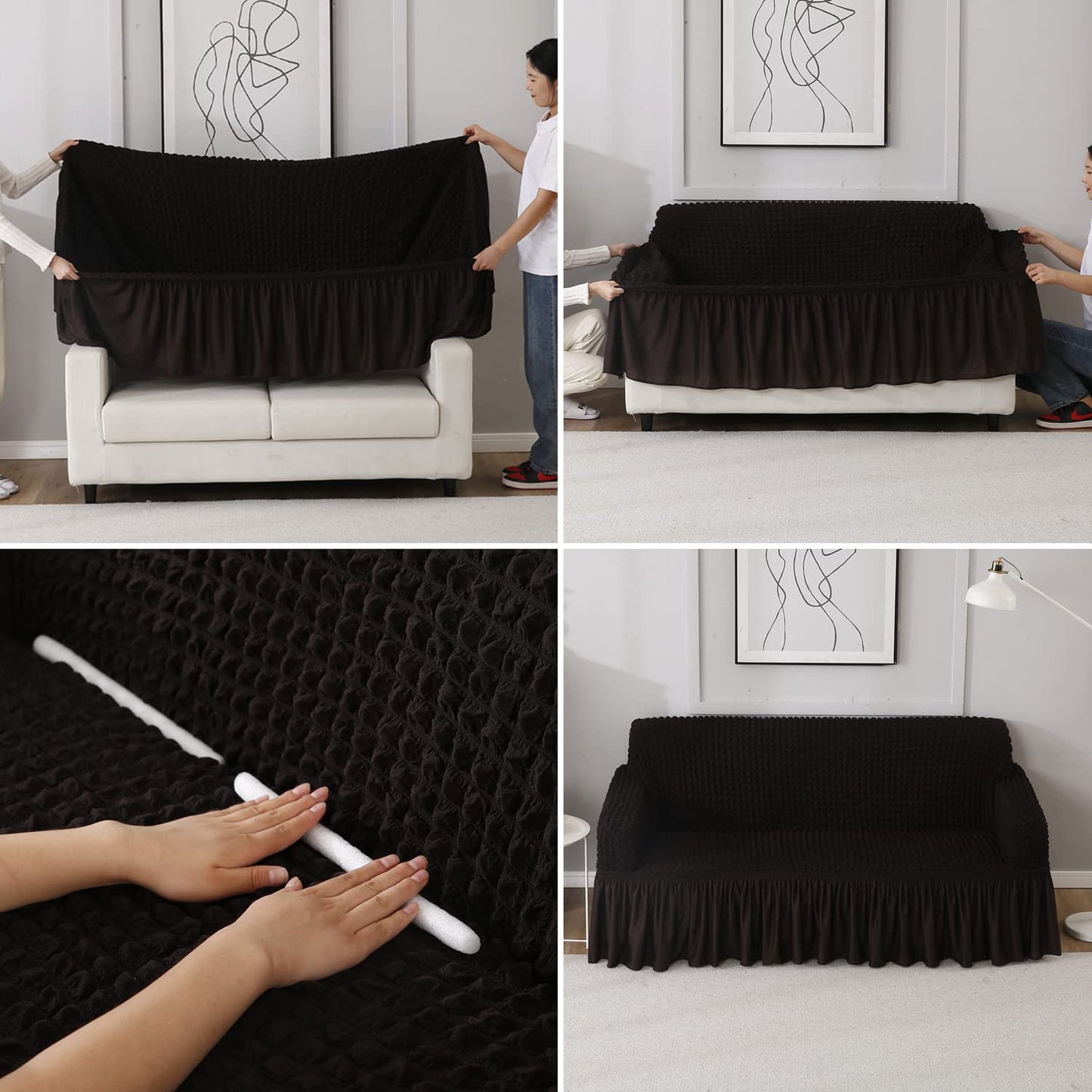 Elastic Stretchable Turkish 280 GSM Bubble Sofa Cover with Frill, Dark Chocolate