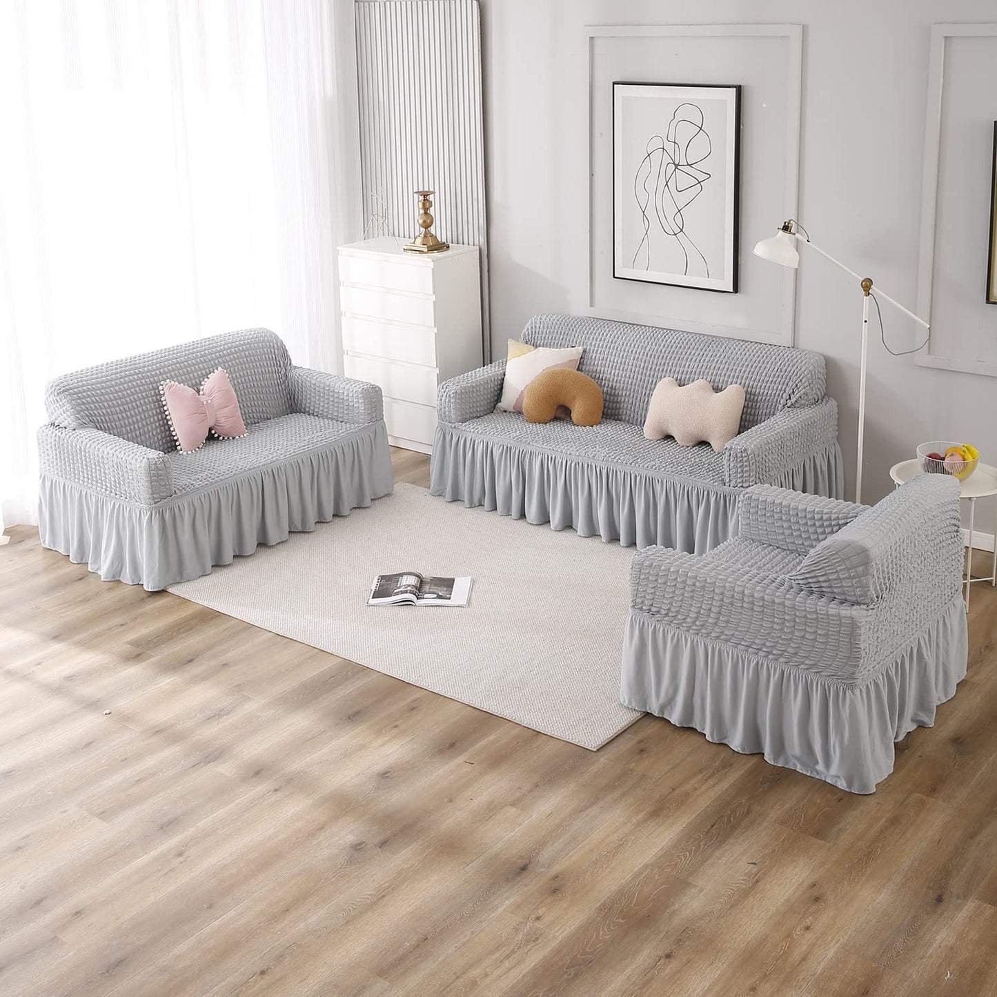 Elastic Stretchable 280 GSM Bubble Sofa Cover with Frill, Ash Grey