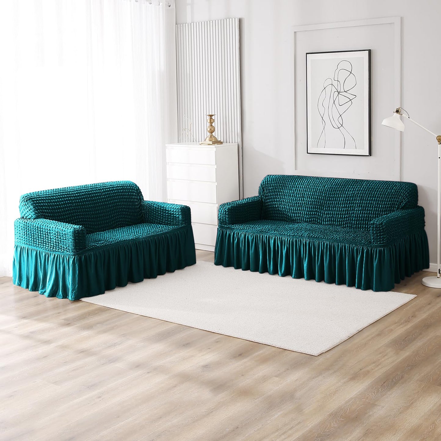 Elastic Stretchable Bubble Sofa Cover with Frill, Teal