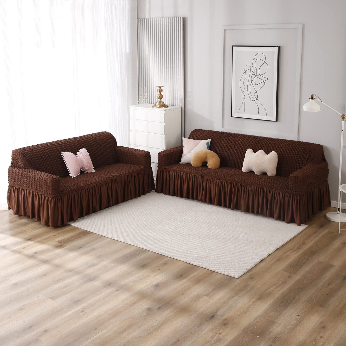 Elastic Stretchable 280 GSM Bubble Sofa Cover with Frill, Dark Brown