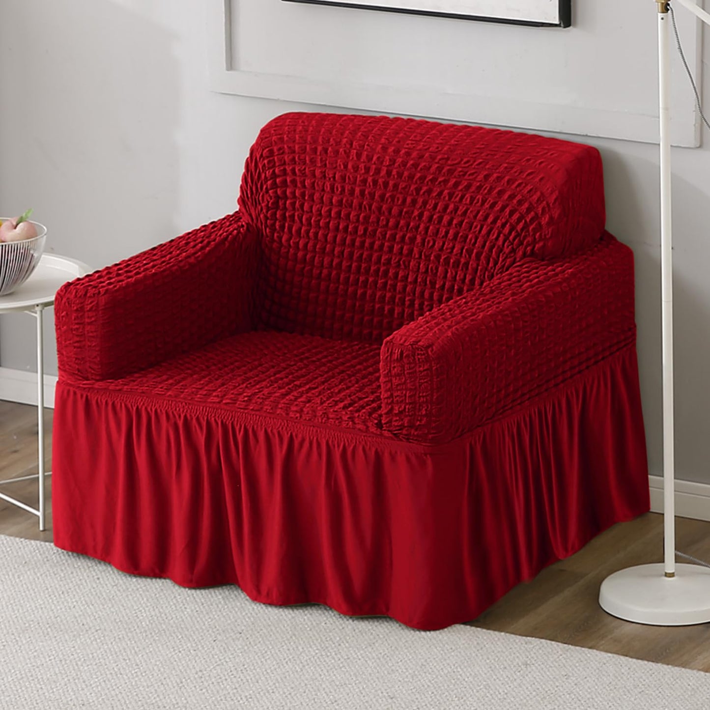 Elastic Stretchable Bubble Sofa Cover with Frill, Scarlet Red
