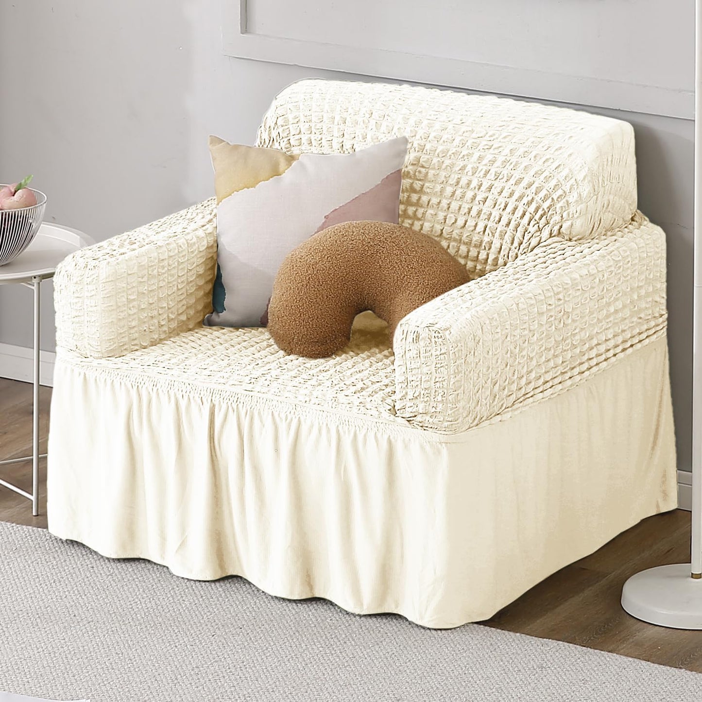 Elastic Stretchable Bubble Sofa Cover with Frill, Cream