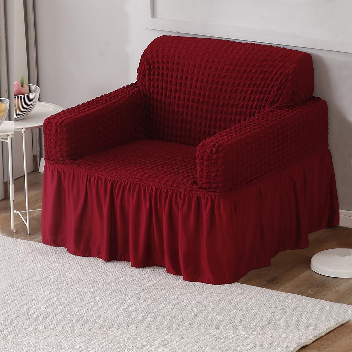 Elastic Stretchable 280 GSM Bubble Sofa Cover with Frill, Cherry Red
