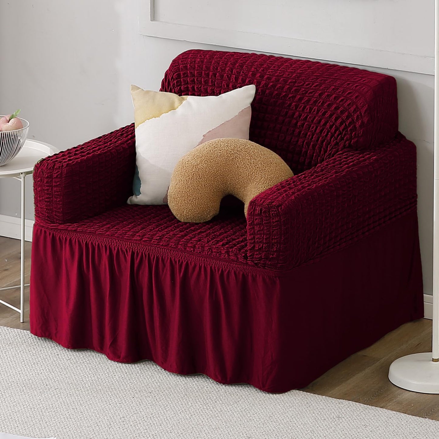 Elastic Stretchable Bubble Sofa Cover with Frill, Wine