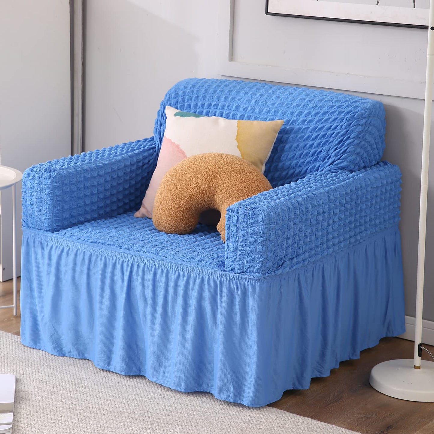 Elastic Stretchable 280 GSM Bubble Sofa Cover with Frill, Sky Blue
