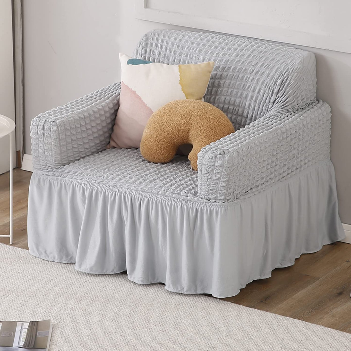 Elastic Stretchable 280 GSM Bubble Sofa Cover with Frill, Ash Grey
