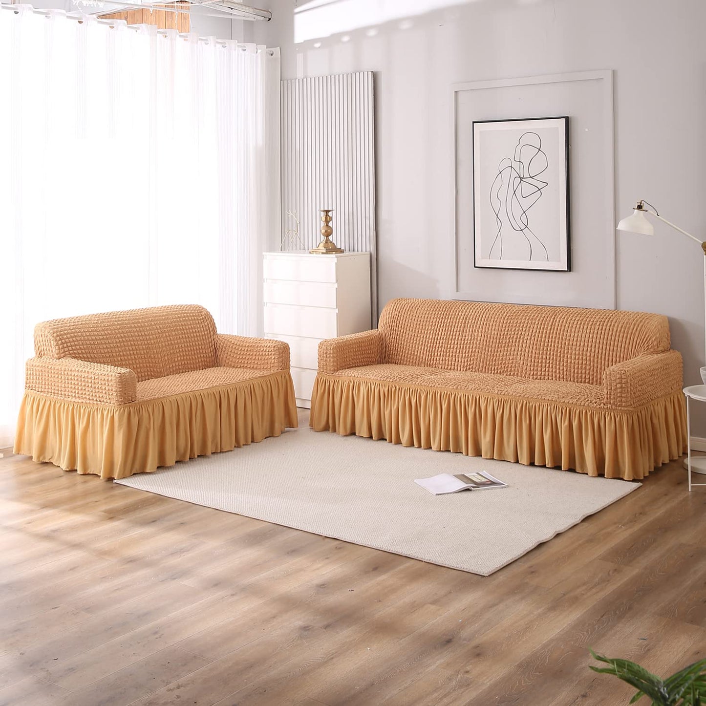Elastic Stretchable 280 GSM Bubble Sofa Cover with Frill, Light Brown