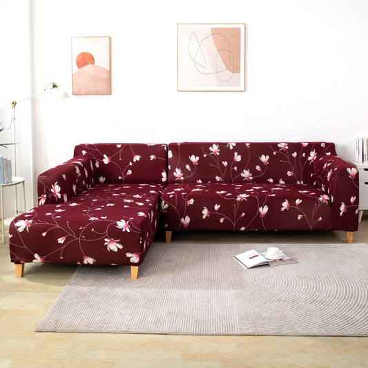 L Shape Sofa Cover-Floral Maroon - Luxury Quality Strechable & Dust-proof Sofa Cover