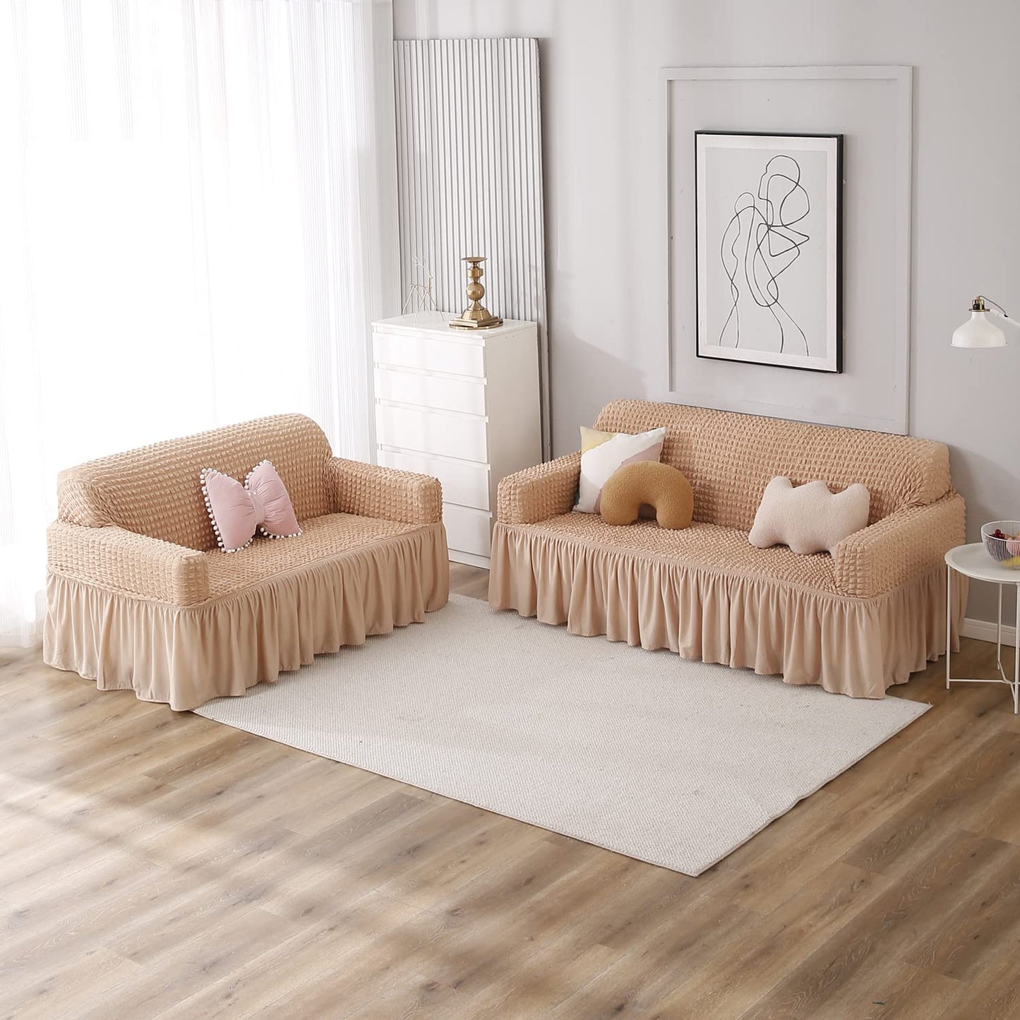 Elastic Stretchable 280 GSM Bubble Sofa Cover with Frill, Beige