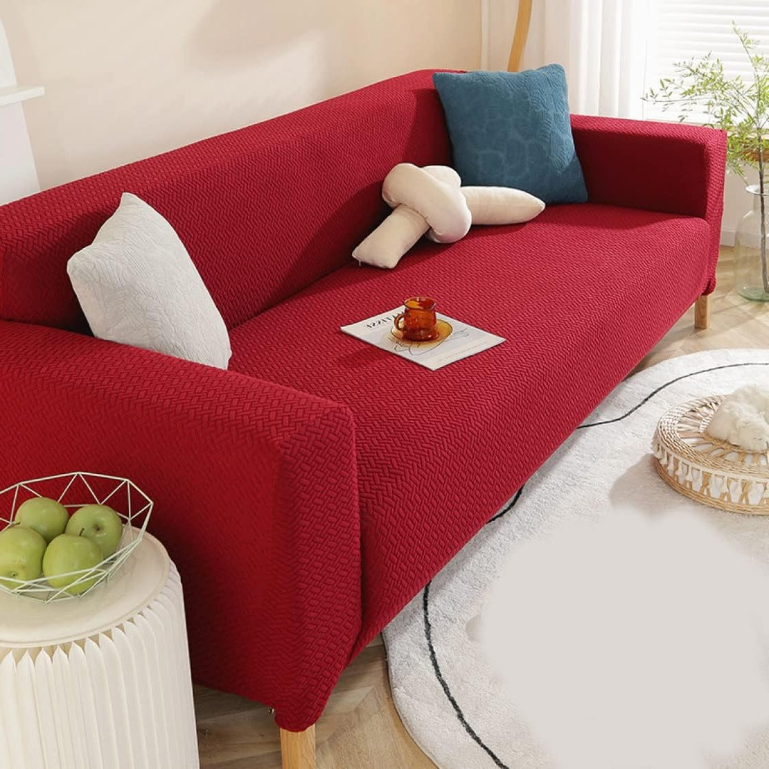 2026 L Shape Polar Fleece Sofa Cover : Maroon