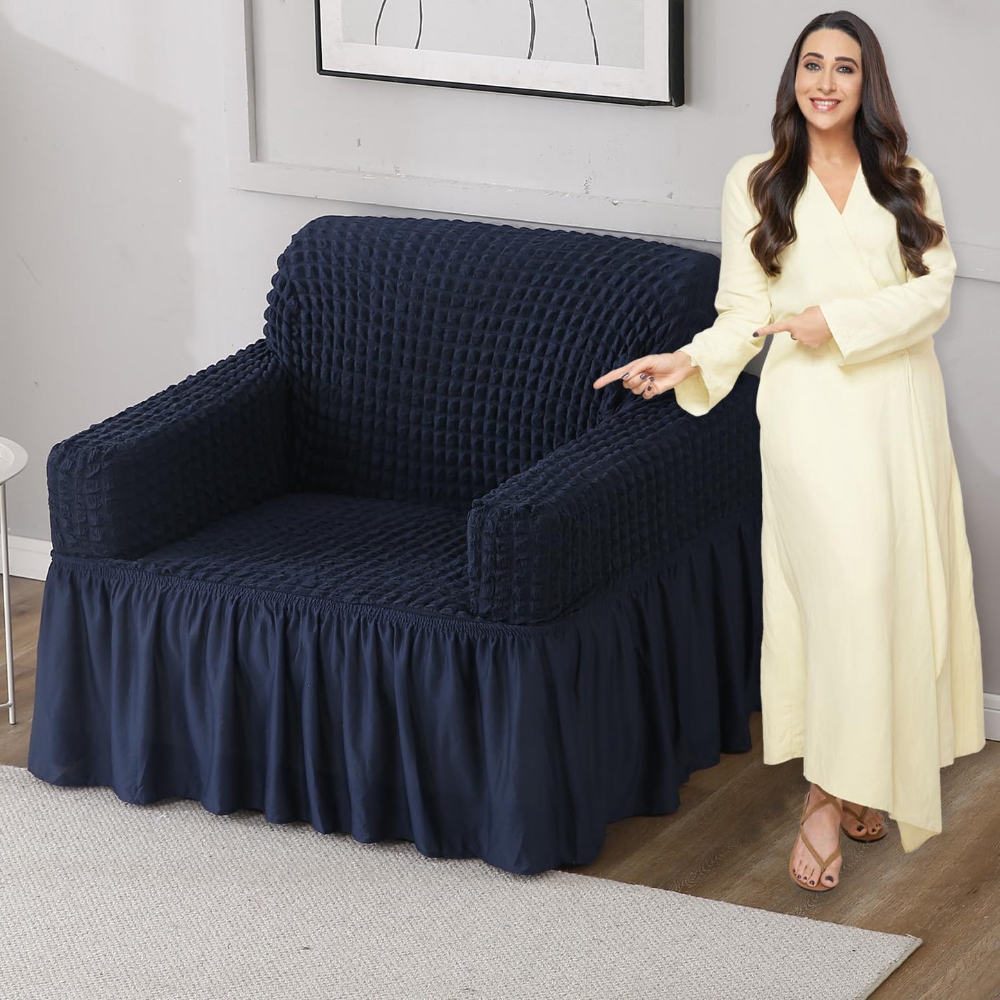 Elastic Stretchable 280 GSM Bubble Sofa Cover with Frill, Navy Blue