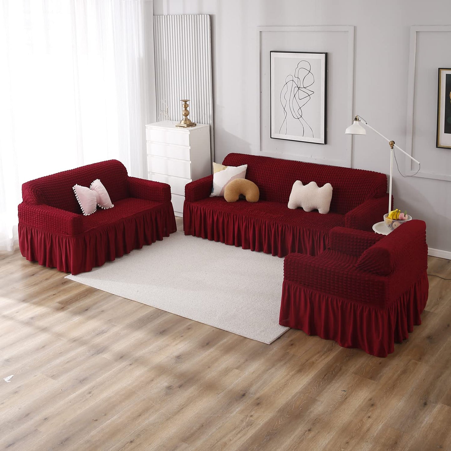 Elastic Stretchable 280 GSM Bubble Sofa Cover with Frill, Cherry Red