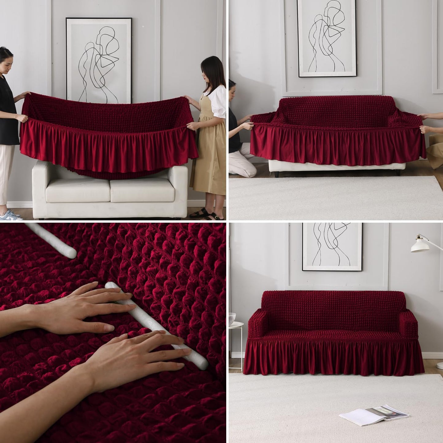 Elastic Stretchable Bubble Sofa Cover with Frill, Wine