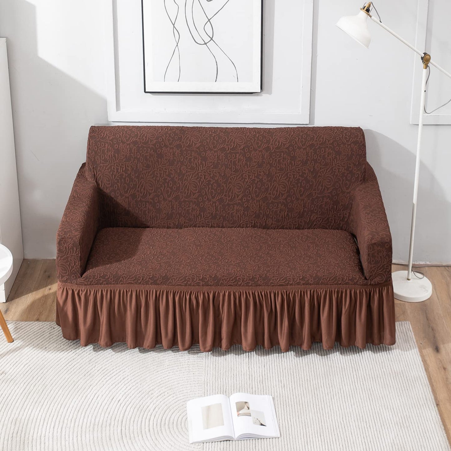 Elastic Stretchable Designer Woven Jacquard Sofa Cover with Frill , Pecan Brown