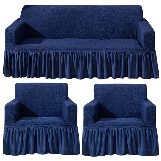 Elastic Stretchable Designer Woven Jacquard Sofa Cover with Frill, Navy Blue