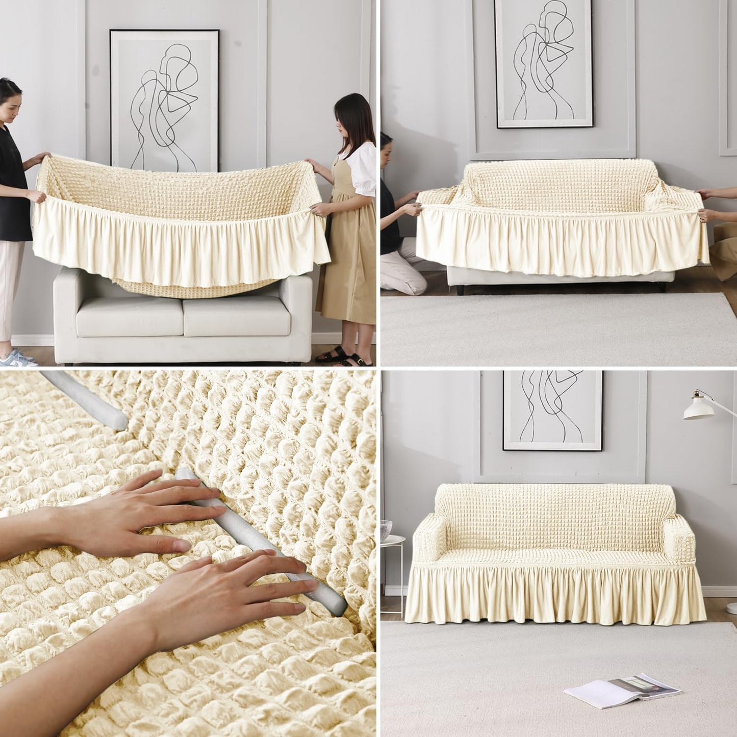 Elastic Stretchable Bubble Sofa Cover with Frill, Cream