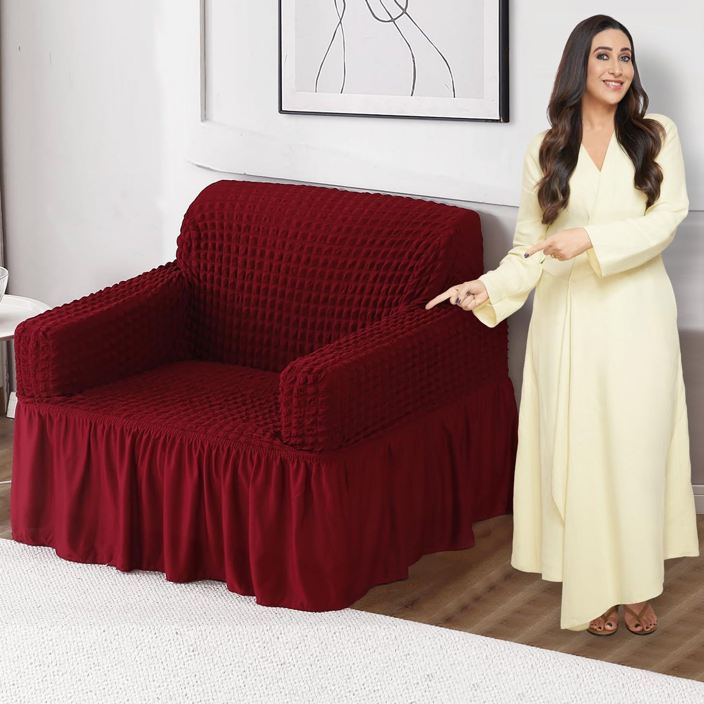Elastic Stretchable 280 GSM Bubble Sofa Cover with Frill, Cherry Red
