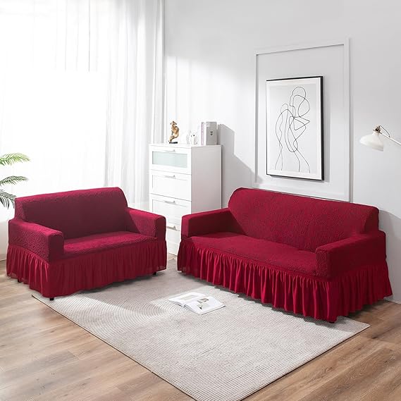 Elastic Stretchable Designer Woven Jacquard Sofa Cover with Frill, Wine Red