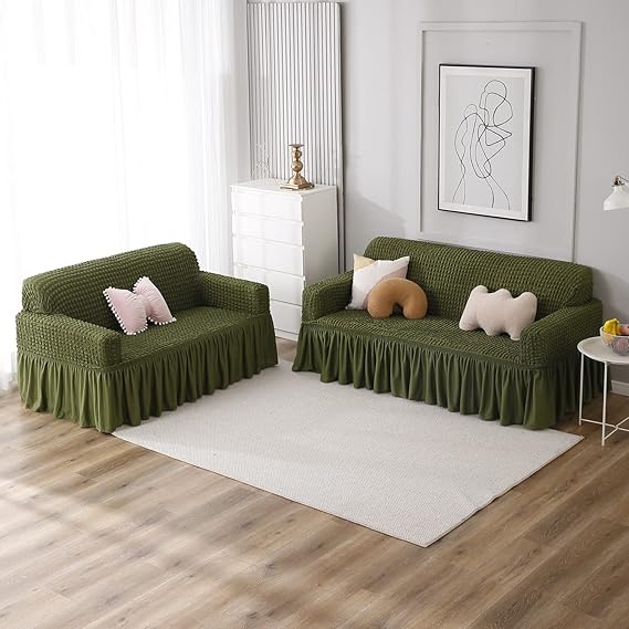 Elastic Stretchable Bubble 280 GSM Sofa Cover with Frill, Forest Green