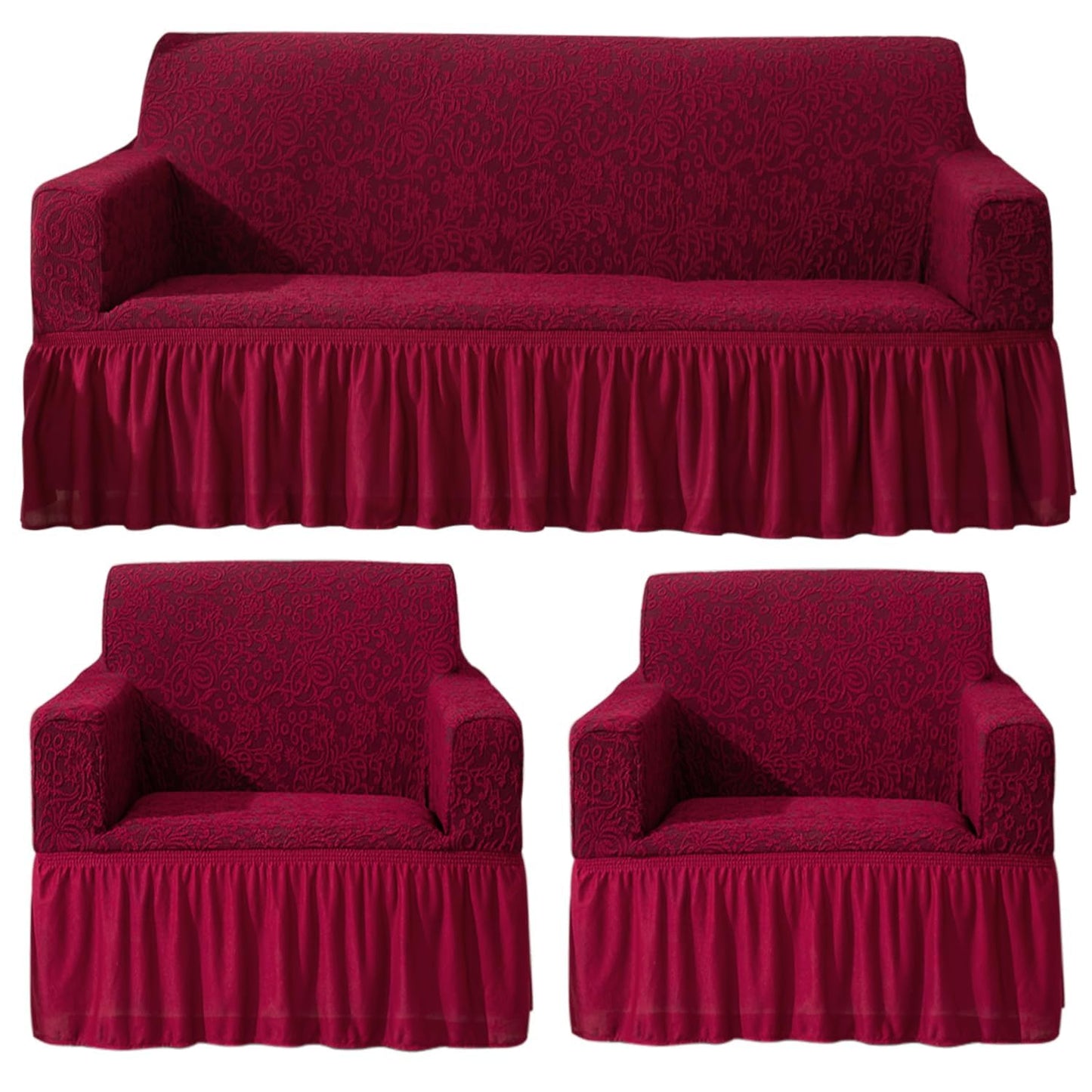 Elastic Stretchable Designer Woven Jacquard Sofa Cover with Frill, Wine Red