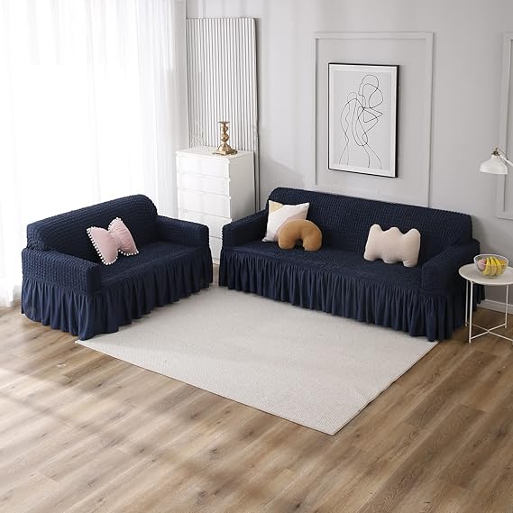 Elastic Stretchable 280 GSM Bubble Sofa Cover with Frill, Navy Blue
