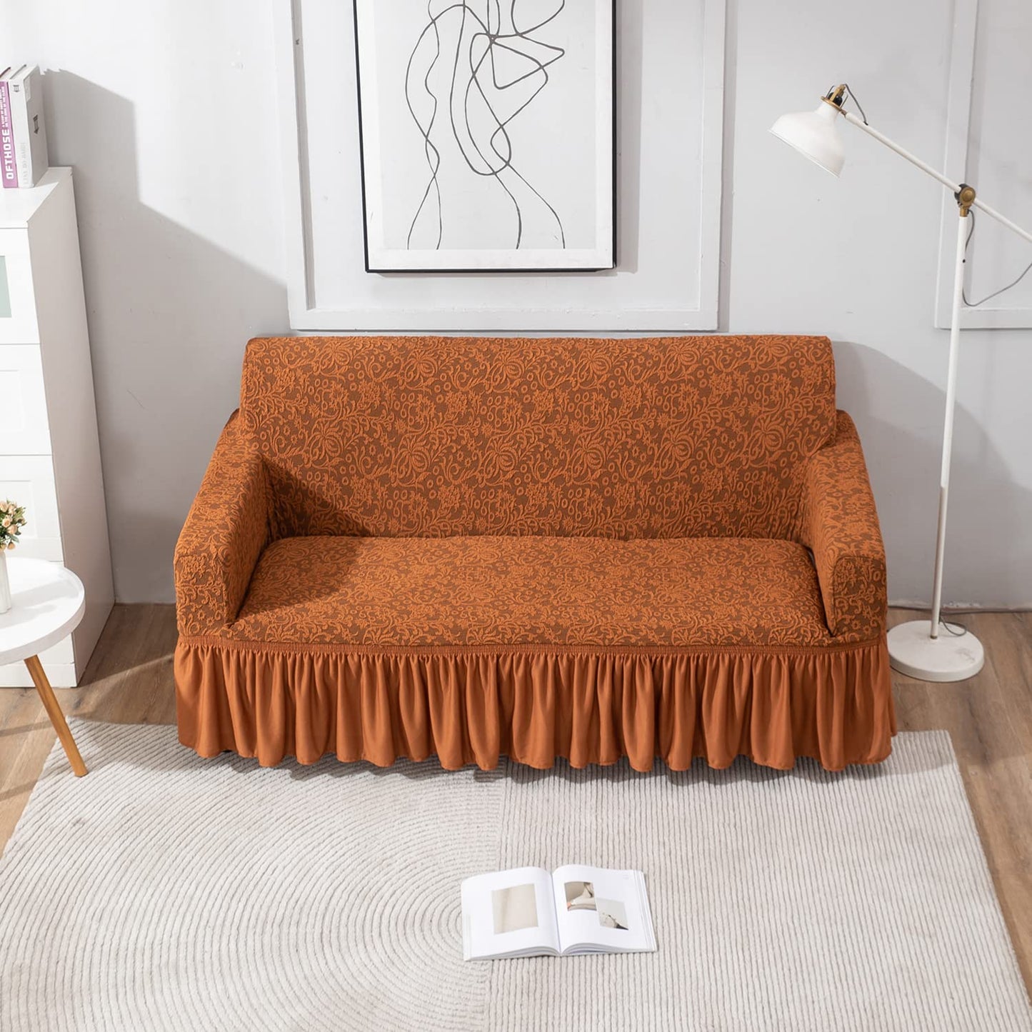 Elastic Stretchable Designer Woven Jacquard Sofa Cover with Frill, Caramel Brown