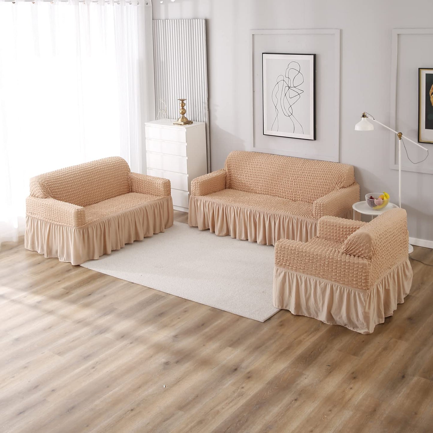 Elastic Stretchable 280 GSM Bubble Sofa Cover with Frill, Beige