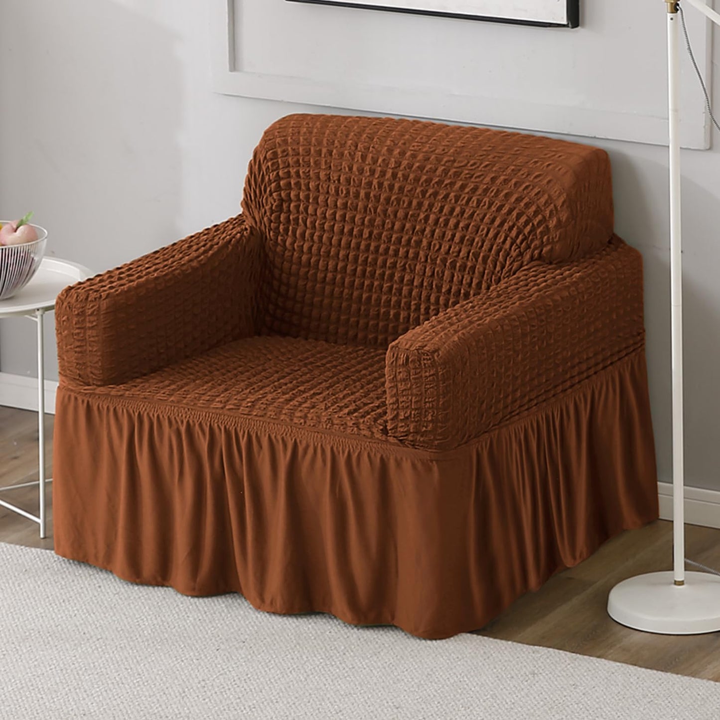 Elastic Stretchable Bubble Sofa Cover with Frill, Chocolate Brown