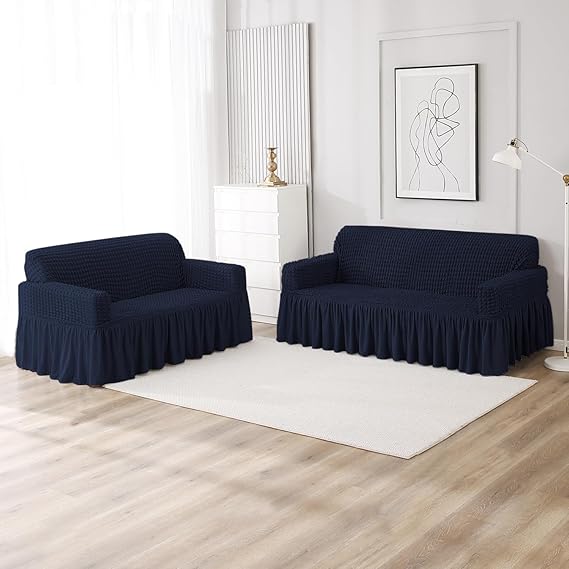 Elastic Stretchable 280 GSM Bubble Sofa Cover with Frill, Navy Blue