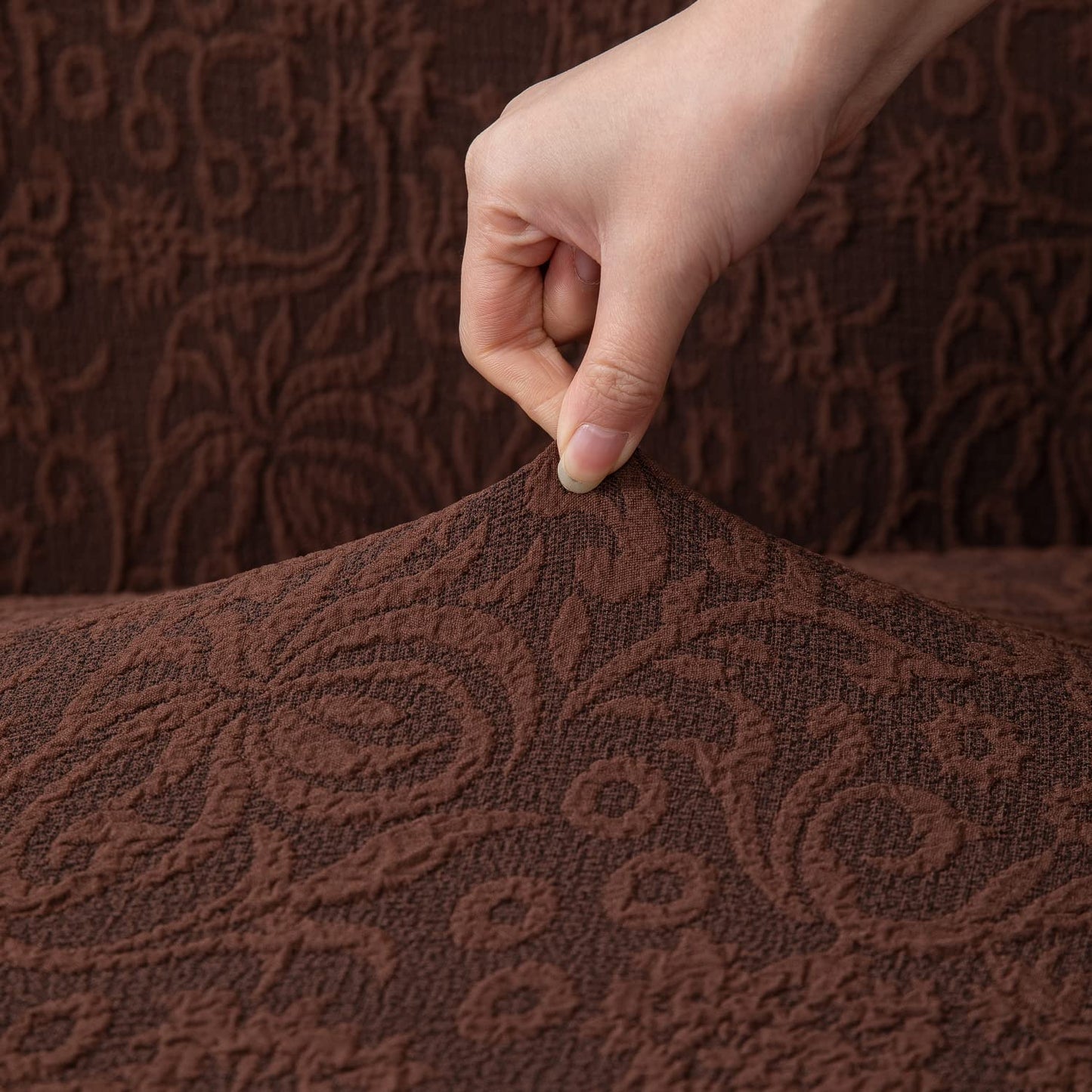 Elastic Stretchable Designer Woven Jacquard Sofa Cover with Frill , Pecan Brown