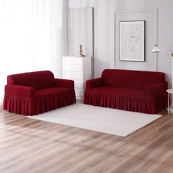 Elastic Stretchable 280 GSM Bubble Sofa Cover with Frill, Cherry Red