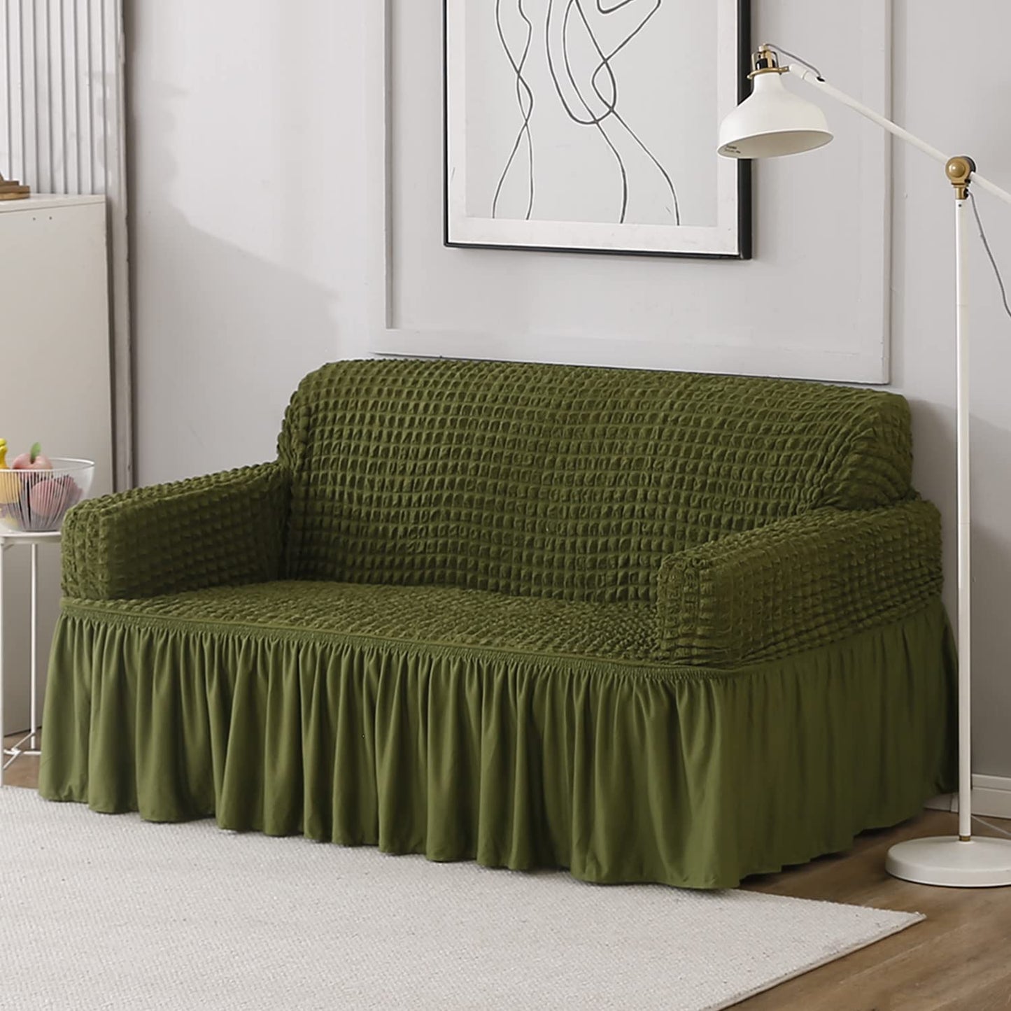 Elastic Stretchable Bubble 280 GSM Sofa Cover with Frill, Forest Green