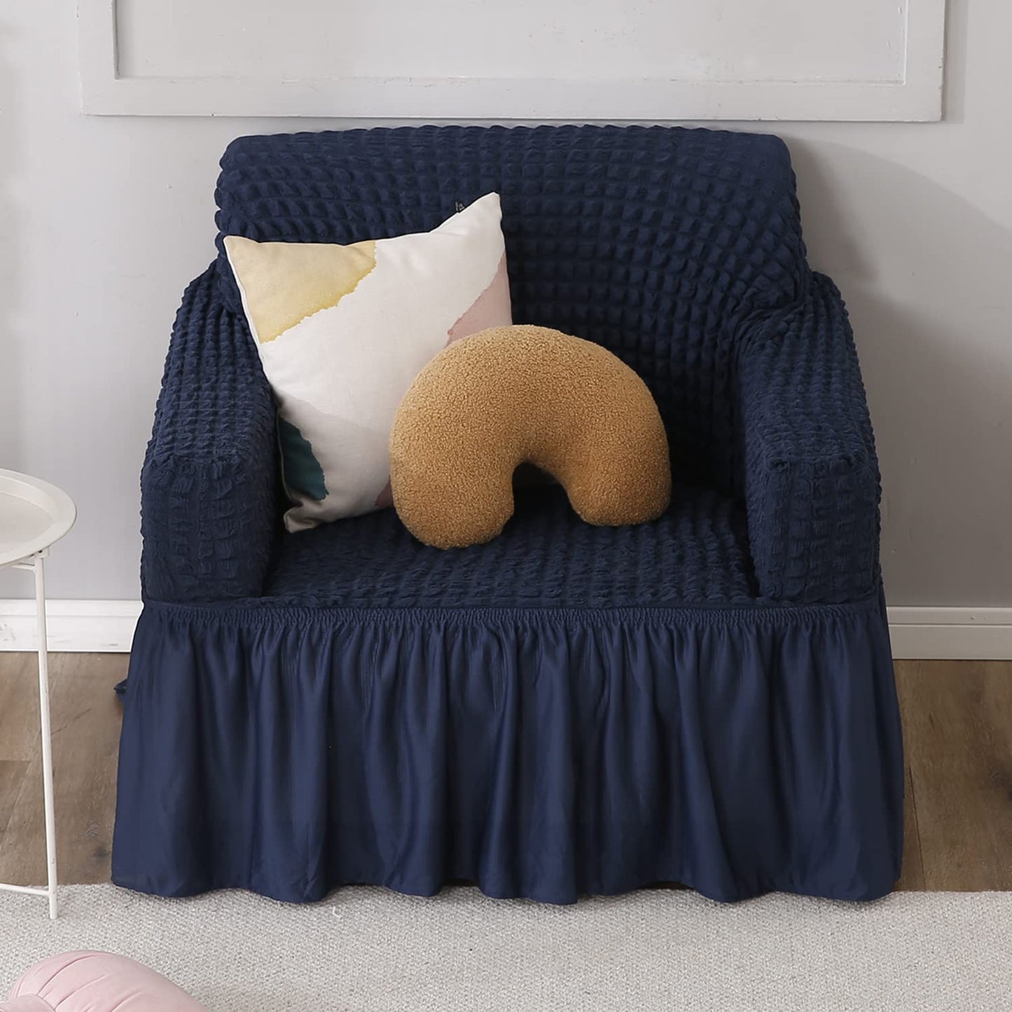 Elastic Stretchable 280 GSM Bubble Sofa Cover with Frill, Navy Blue