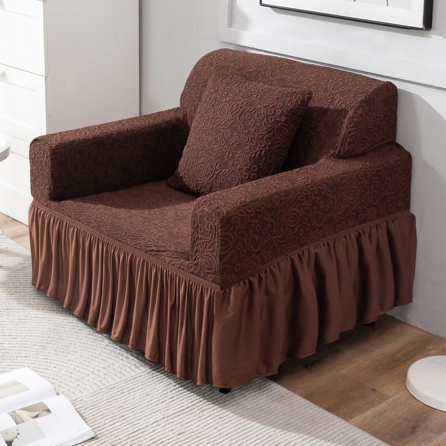 Elastic Stretchable Designer Woven Jacquard Sofa Cover with Frill , Pecan Brown