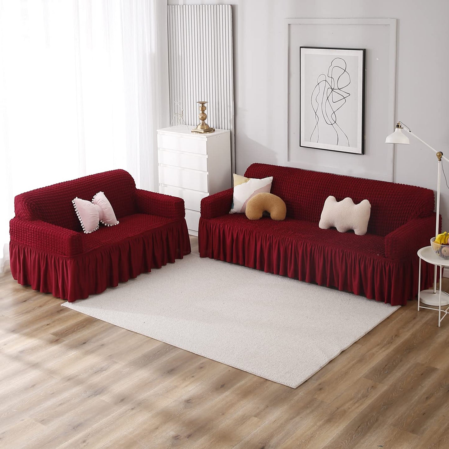 Elastic Stretchable 280 GSM Bubble Sofa Cover with Frill, Cherry Red