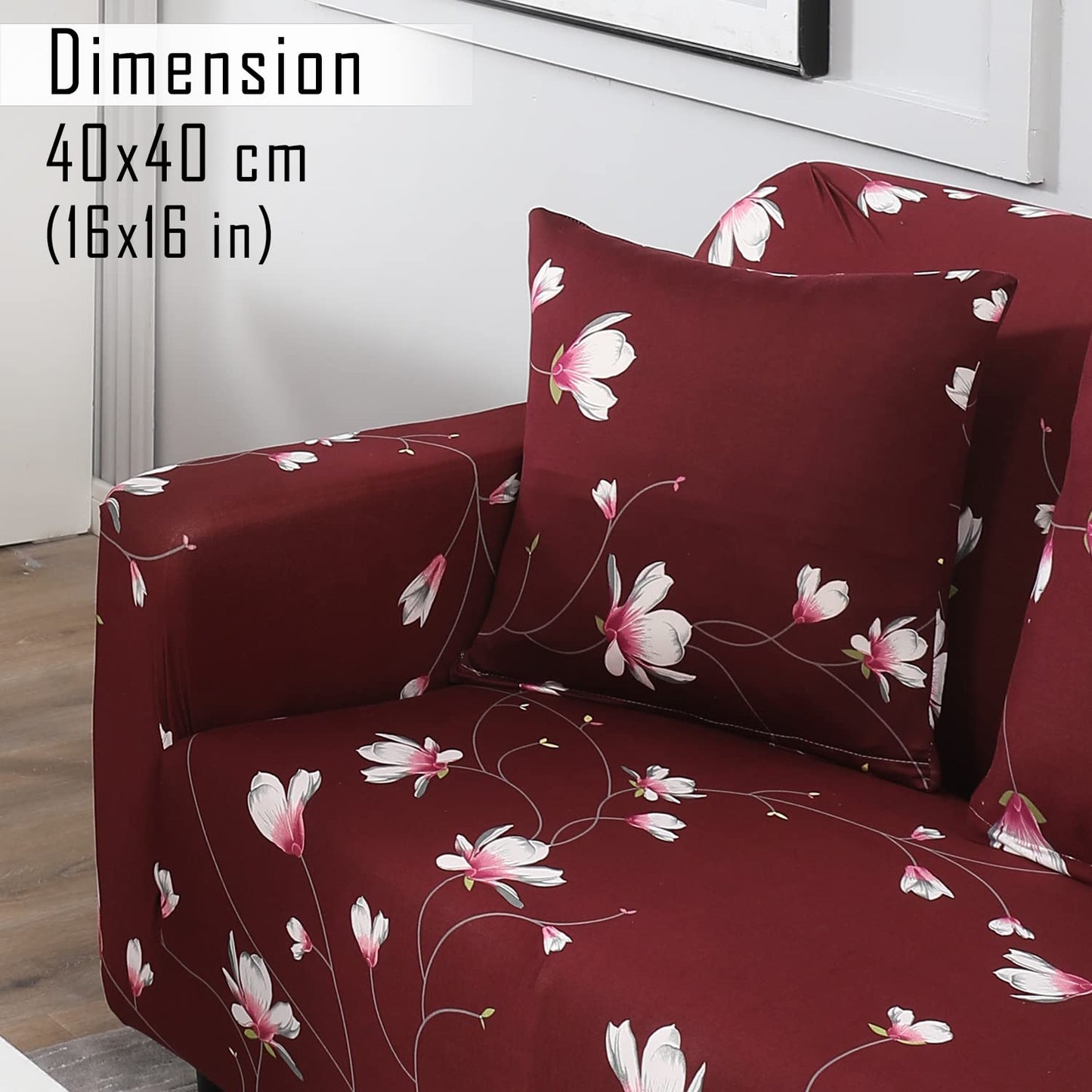 Stretchable Pack of 2 Cushion Cover 16x16, Wine Red Flowers