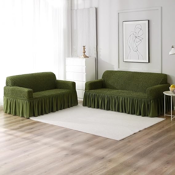 Elastic Stretchable Bubble 280 GSM Sofa Cover with Frill, Forest Green