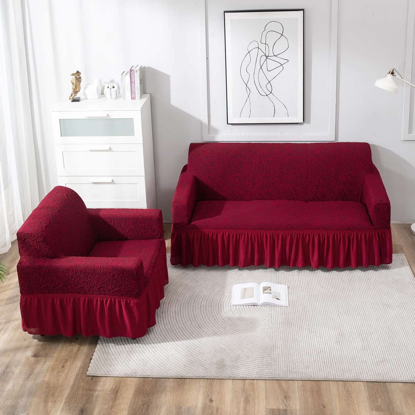 Elastic Stretchable Designer Woven Jacquard Sofa Cover with Frill, Wine Red