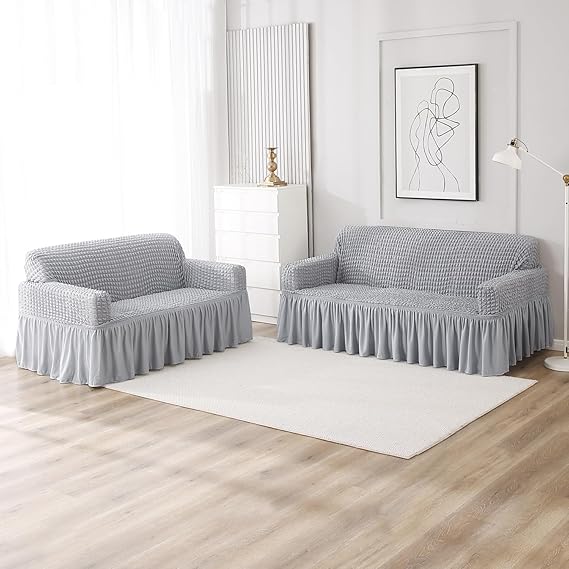 Elastic Stretchable 280 GSM Bubble Sofa Cover with Frill, Ash Grey