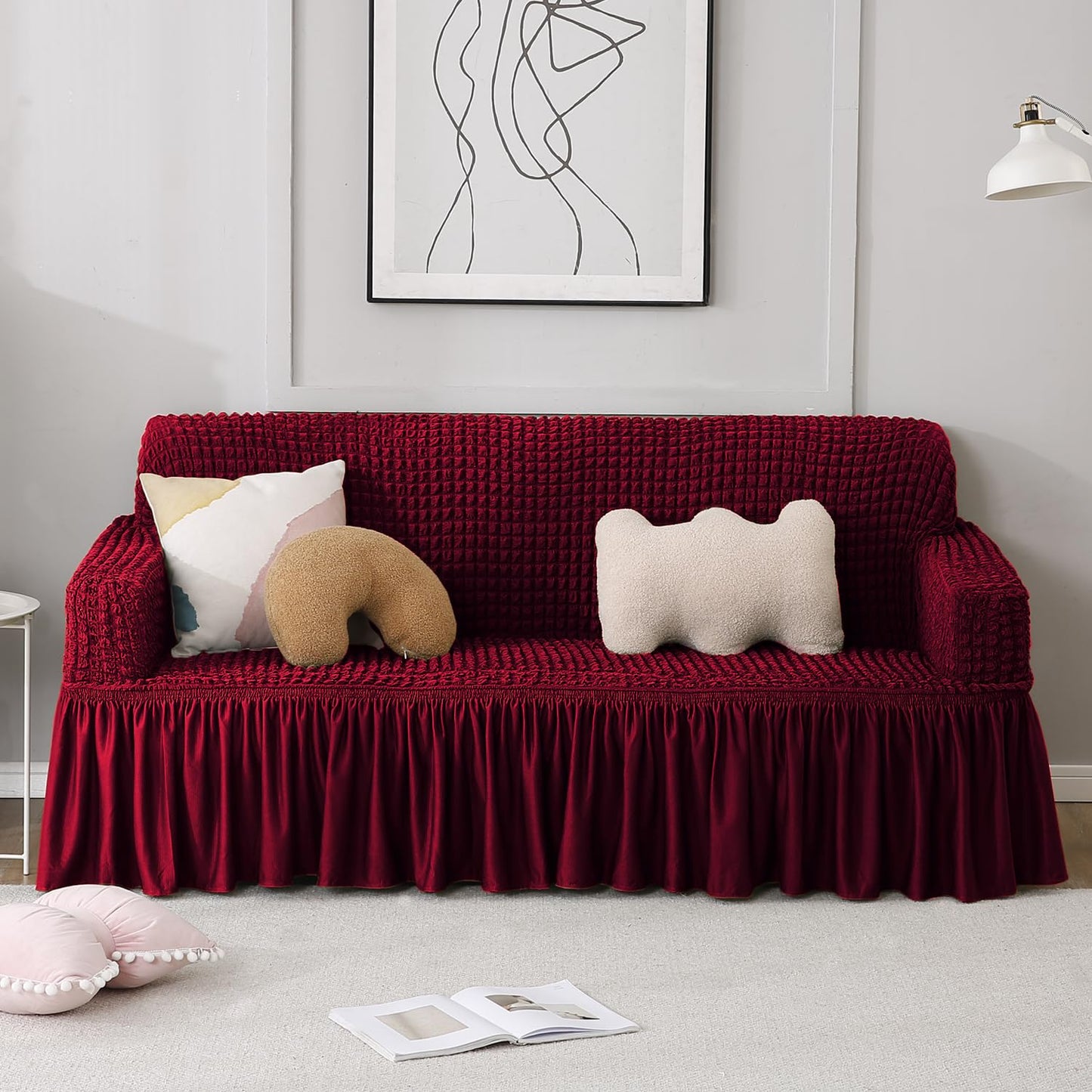 Elastic Stretchable Bubble Sofa Cover with Frill, Wine