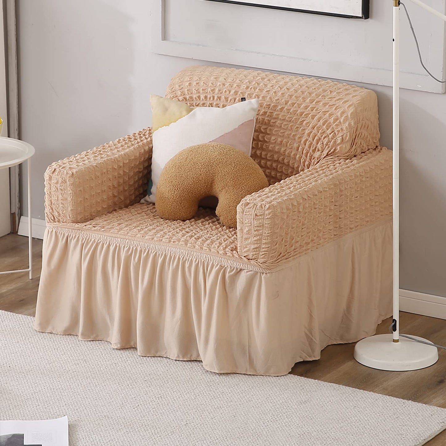 Elastic Stretchable 280 GSM Bubble Sofa Cover with Frill, Beige