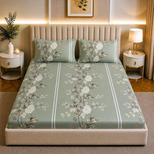 Sage Green Floral Cotton Blend Elastic Fitted Bedsheet with 2 Pillow Covers – SUPER FURNISHING  BUY 1 GET 1 FREE