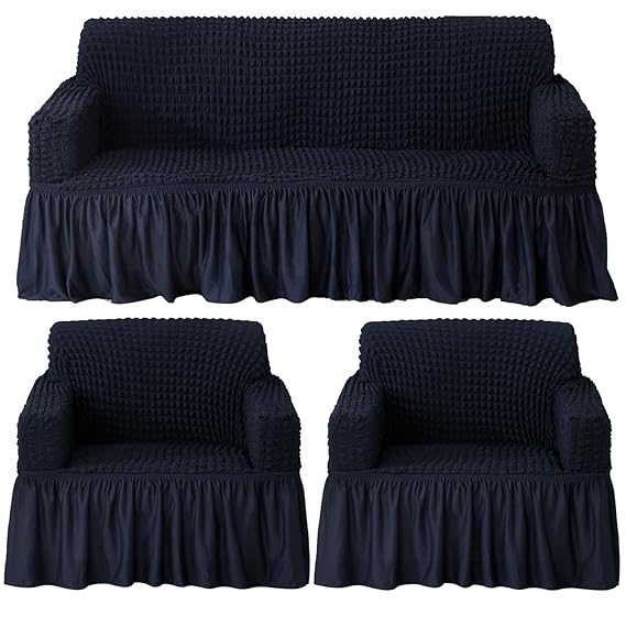 Elastic Stretchable 280 GSM Bubble Sofa Cover with Frill, Navy Blue