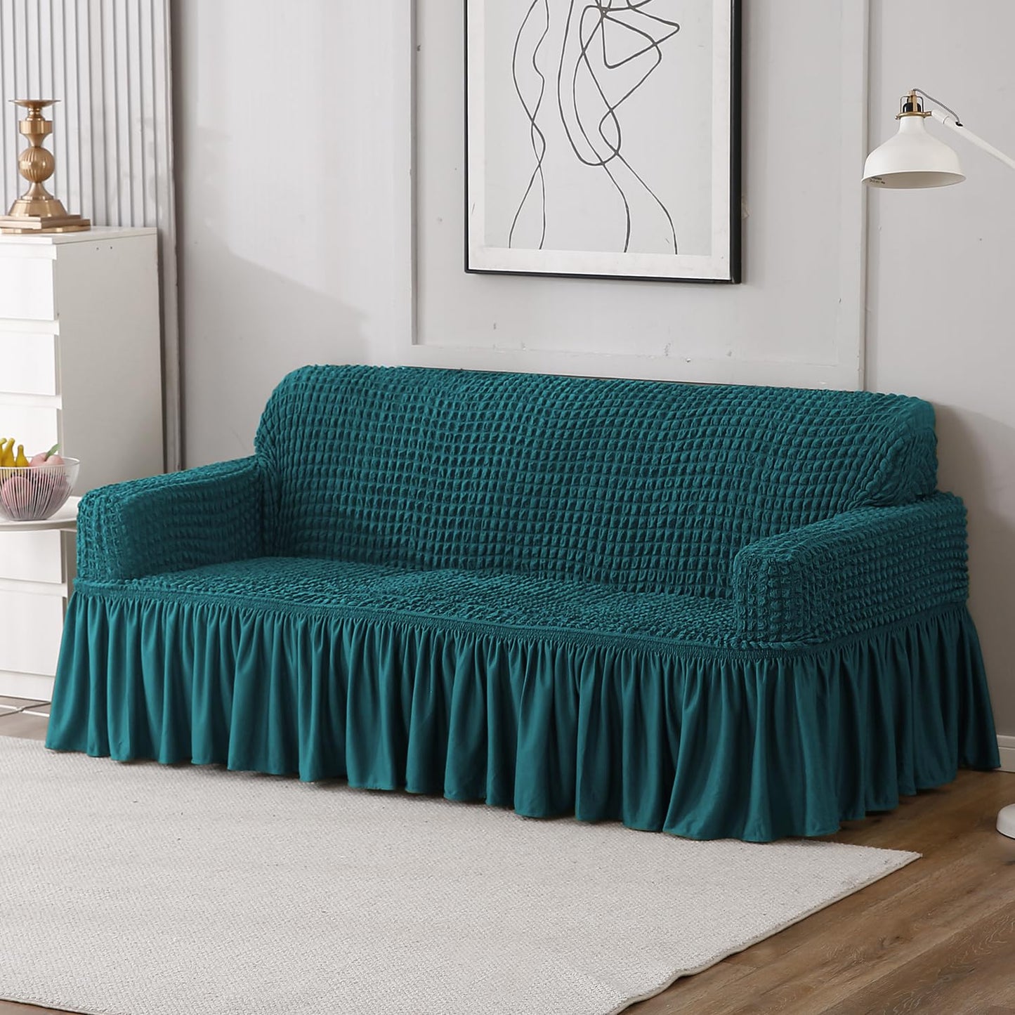 Elastic Stretchable Bubble Sofa Cover with Frill, Teal