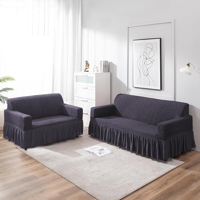 Elastic Stretchable Designer Woven Jacquard Sofa Cover with Frill, Abbey Grey