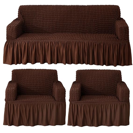 Elastic Stretchable 280 GSM Bubble Sofa Cover with Frill, Dark Brown